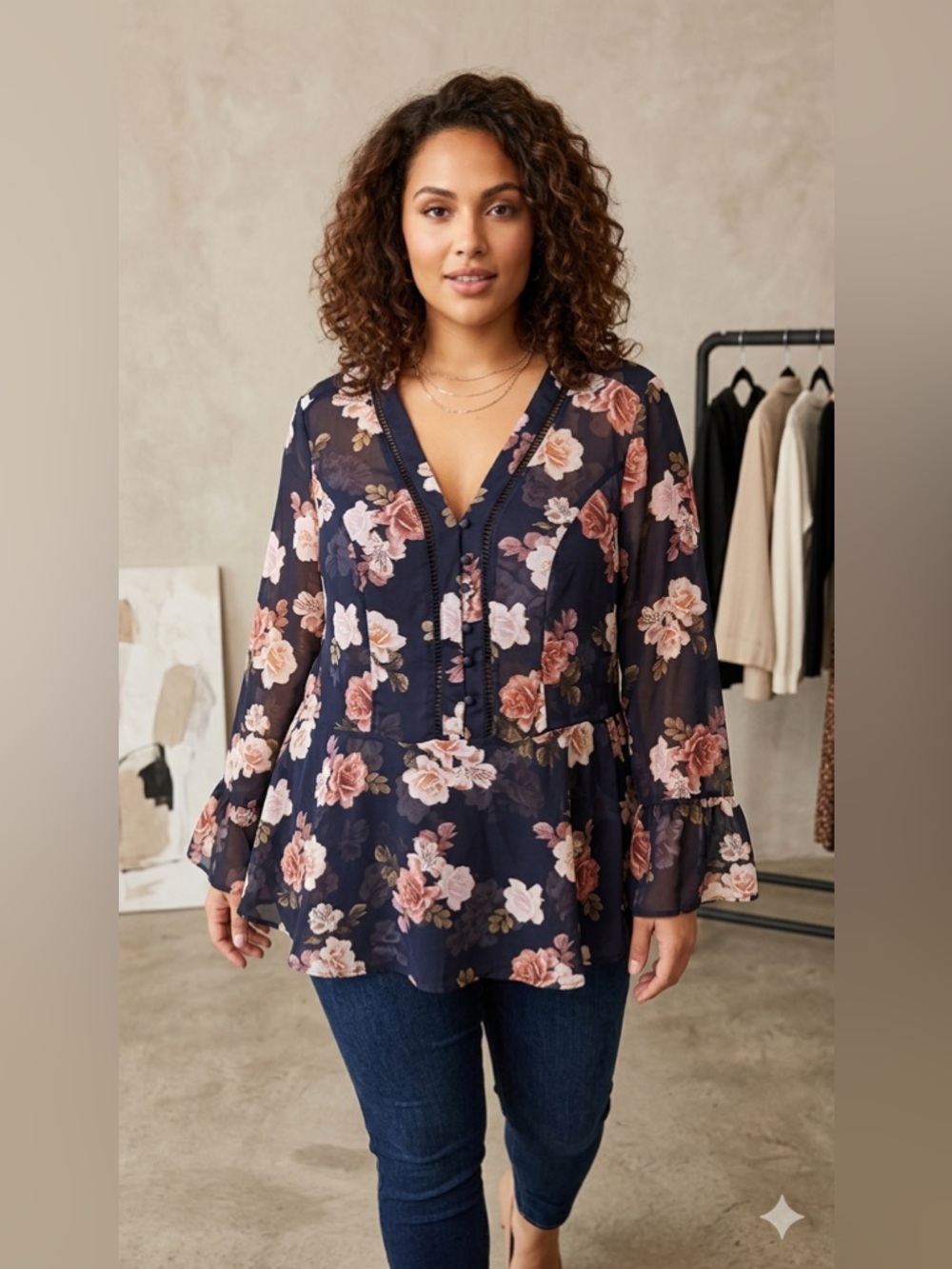 City Chic Navy Floral V-Neck Peplum Blouse with Blush Roses